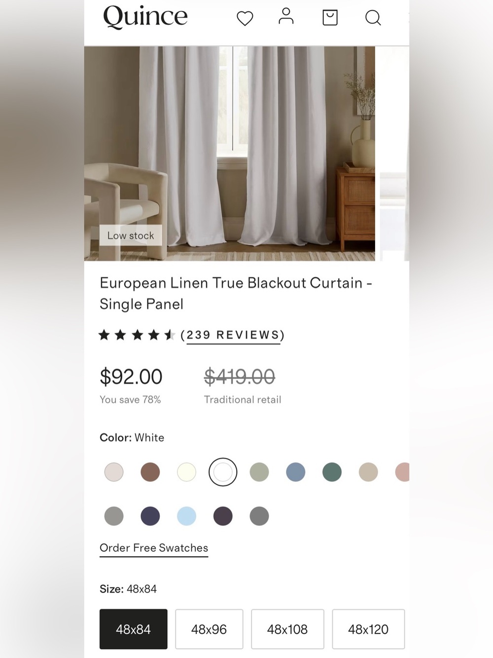 NWOT Quince European Linen True Blackout Curtain - Single Panel (White) 48 X 84 - Picture 2 of 7